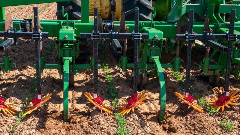 Finger weeder mounted on cultivating tractor